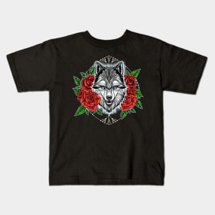 Wolf and red rose Kids T-Shirt
